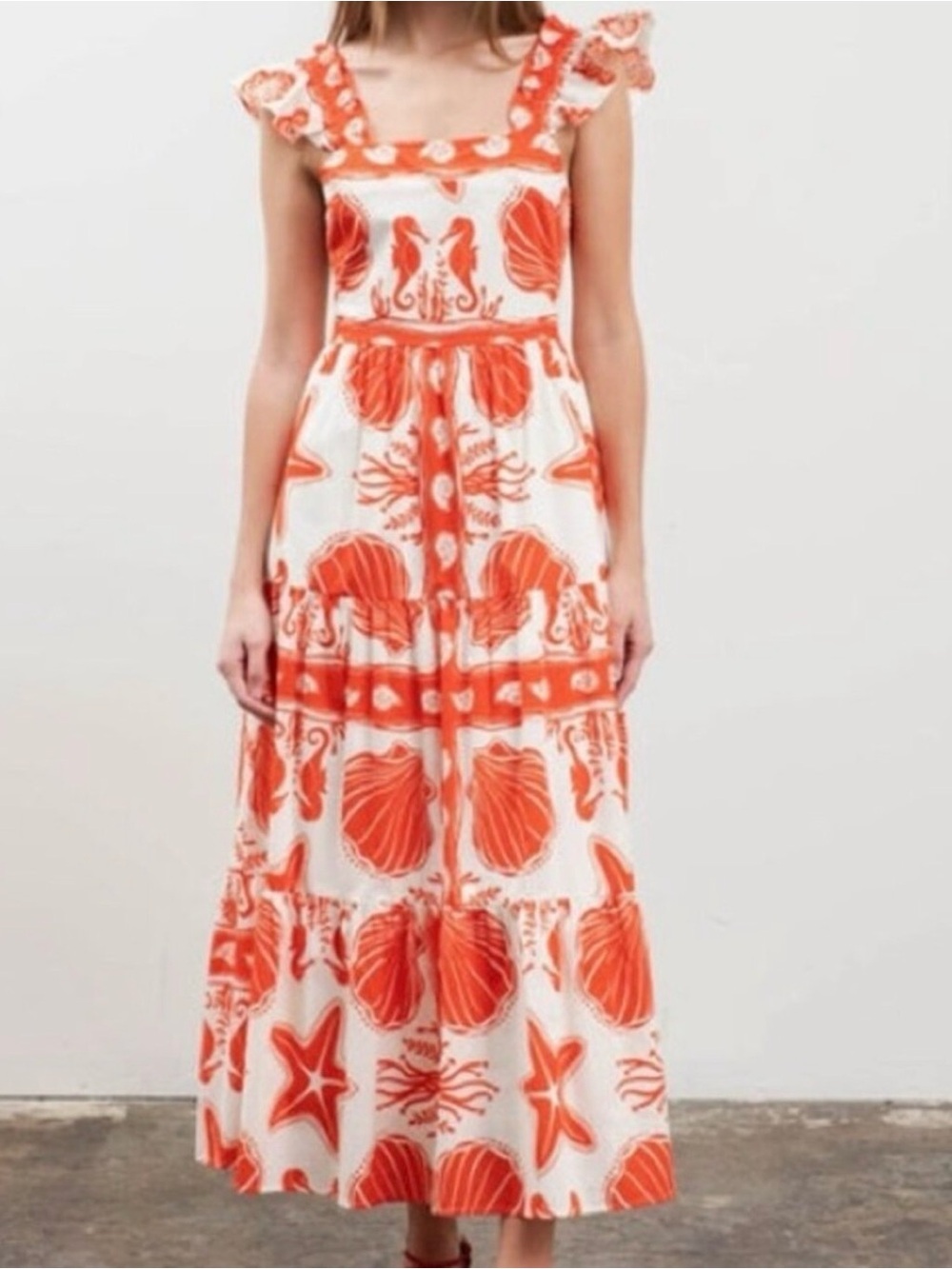 Moon River White Maxi Dress with Orange Seashell Print